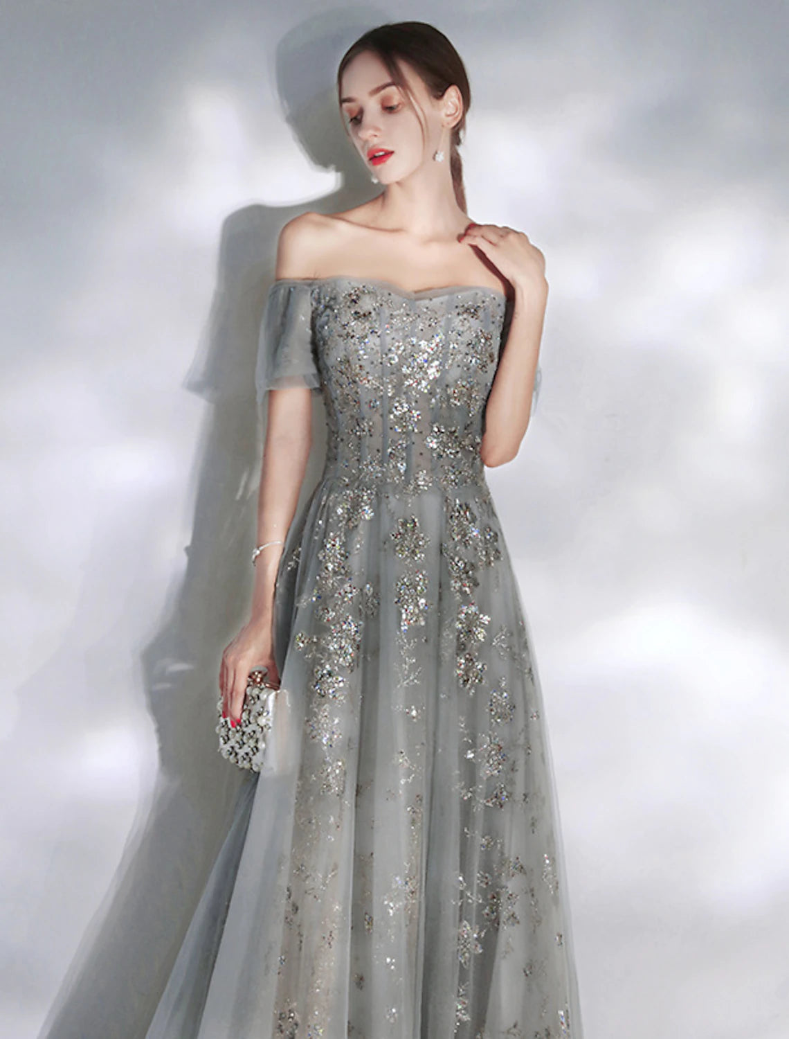 Wholesale A-Line Evening Gown Glittering Dress Engagement Formal Evening Floor Length Short Sleeve Off Shoulder Spandex with Sequin Appliques